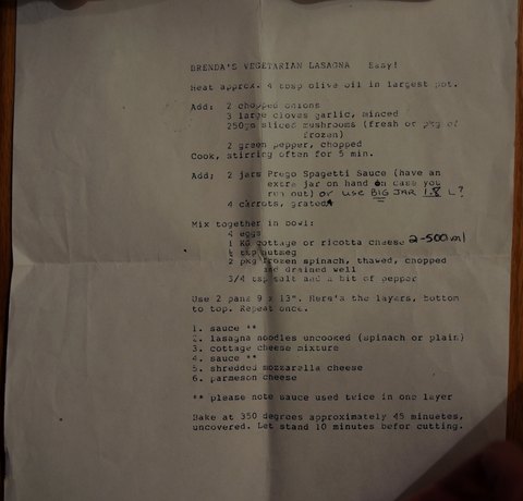 Recipe card for Brenda’s Vegetarian Lasagna