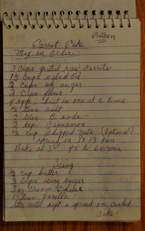 Recipe card for Carrot Cake (Colleen)