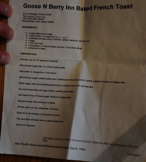 Recipe card for Goose N Berry Inn Baked French Toast