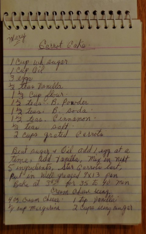 Recipe card for Mary's Carrot Cake