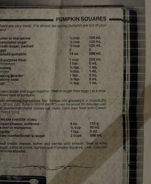 Recipe card for Pumpkin Squares