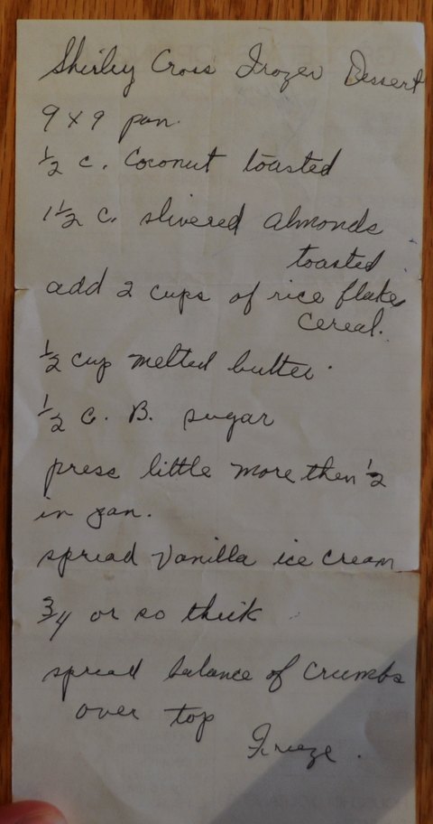 Recipe card for Shirley Cross Frozen Dessert
